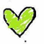 Green heart outline with black border, gray robot with teal circular eye and pink mouth, green cartoon character with large white eye and red tongue.