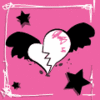 Pink background with white border, black stars, and a broken heart with wings; pink text on the heart.