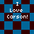 Pixelated blue and dark brown checkered background with white text reading 'I Love Carson!' in four distinct arrangements.