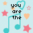 Pixelated icon with light blue background featuring cyan musical notes, pink and orange stars, heart shapes, and black text reading "you are the" on left and "Music In Me (3" on right.