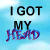 A 2x2 contact sheet of an animated icon showing four frames with text fragments against a blue sky background, where the first frame displays "I GOT MY HEAD" and subsequent frames show "IN THE" and "CLOUDS" in purple cursive.