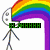 Pixelated cartoon character with rainbow background and green text overlay, wearing gray jacket with yellow accents and New York Yankees logo.