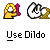 Animated contact sheet of a pixel art icon showing a yellow stick figure with blonde hair using a pink dildo on a white cartoon character, repeated across six frames with slight pose variations and text "Use Dildo" below each frame.
