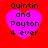 Four identical pixelated heart-shaped icons with text on a red background, each displaying 'Quintin and Payton 4 ever' in black font.