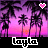 Pixelated sunset scene with palm trees, two heart symbols, and 'Layla' text in white block letters on black background.