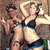 Two women in swimwear pose against a textured background, one with arms raised above head and the other making a peace sign.