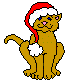 Pixelated brown cat wearing red Santa hat with white trim and pom-pom, sitting upright on gray background.