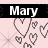 Animated buddy icon featuring the name 'Mary' and heart symbols on a light pink background with black header bars.