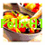 four pixelated images with green text overlays: a fruit bowl, strawberries, orange juice, and empty space