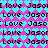 Pixelated text repeats 'Love Jaso' and 'Love Jaso:' on a background of alternating cyan and magenta diamond shapes.
