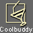 Two animated frames of a yellow martini glass icon in a square frame with gray background and "Coolbuddy" text below.