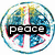 Pixelated circular icon with multicolored abstract background and black text reading "PEACE" in white block letters.