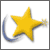 A yellow star with a blue curved line and small star on a white background, rendered in pixelated style.