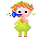 Animated contact sheet of a pixel art character playing a blue trumpet with musical notes, wearing a green dress and floral headpiece across 12 frames.