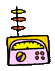 Four identical cartoon radio icons arranged in a , each with yellow top section, pink body, and antenna showing alternating orange and yellow segments