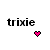 Pixelated black text 'trixie' on white background with a pink heart icon to the right.