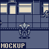 Pixel art of a gray robot standing in front of a blue-tiled building with windows, featuring the word "MOCKUP" at bottom left.