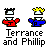 Pixelated figures with crown and shirt colors alternating between red and blue, labeled 'Terrance and Phillip' below each pair.