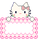 Pixel art of a white cat with pink bow and green accents holding a decorative frame, shown in two expressions.