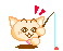 Pixel art cat with brown stripes holds fishing rod, showing animation of red sparkles above head and blue fish caught on line.