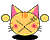 Pixelated cartoon cat head with pink ears and yellow body in two animation frames showing slight pose changes.