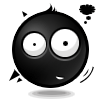 Black spherical cartoon character with large white eyes, small mouth, and floating above a gray background.