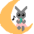 A 4-frame animated contact sheet showing a gray rabbit character on a yellow crescent moon with musical notes, alternating between open and closed eyes while holding a green object.