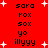 Red background with white starbursts and repeated black text 'sara rox sox yo illyy' in two
