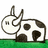 Two pixelated cow icons stand on green grass; the right cow's head is turned left while the left cow faces forward, with 'moo.' text in dark gray above.
