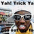 A pixelated image of a person wearing sunglasses and a yellow shirt with text above and below the figure.