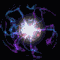 Five animated frames show a glowing white core surrounded by swirling blue and purple energy trails against a black background.