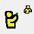 Animated contact sheet of a yellow stick figure performing various actions across 14 frames, including waving, holding objects, and transitioning to a fire/explosion effect in the final frame.