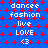 Blue background with red star pattern, white text repeating 'dancee', 'fashion', 'live', 'LOVE', and '<3' in pixelated font.