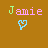 Pixelated text 'Jamie' in pink and green above a light blue heart icon on brown background, with animation changes to letter colors.