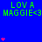 Blue background with green text 'LOVA MAGGIE<3' repeated three times horizontally and pink heart symbols scattered across the scene.