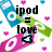 Pixelated graphic with 'ipod = love' text over colorful abstract shapes and scattered pink hearts on white background.