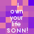 Pixelated text 'I own your life sonn!' repeated in a pattern on a purple and pink background with alternating color blocks