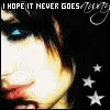 repeated images showing a person with dark hair and blue eyes, overlaid with text "I HOPE IT NEVER GOES" and white stars on black background