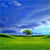 Pixelated landscape with blue sky, scattered clouds, green field, and single tree in center.