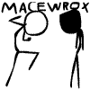 Black stick figures on white background perform actions with red splatters, repeating 'MACEWROX' text above each