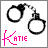 Black handcuffs with chain on white background; pink 'KATIE' text with stylized K, varying letter clarity across frames.