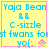 Yellow background with blue text and pink border, featuring pixelated text and a pink alien icon in the bottom-right corner of each