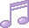 Three pixelated musical notes in varying shades of purple on a gray background, each with distinct stem and notehead shapes.