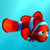 Pixelated red clownfish with white stripes on a blue background, resembling Nemo from Finding Nemo.