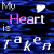 A 50x50 pixel animated buddy icon with a blue and black background displaying repeated text "My Heart is Taken" in pink, white, and light purple fonts alongside small heart symbols.