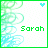Pixelated icon with green border, light blue and green swirls on left, 'Sarah' text in green, small heart symbol at top center.