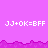 Pixelated text 'JJ+OK=BFF' repeated across a purple background with jagged borders and gray sections.