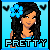 Pixelated image of a woman with long dark hair, blue flower in hair, white earrings, light blue top, and 'PRETTY' text below on light blue background.