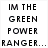 Pixelated text and image of a green-suited character with helmet, fist raised against blue background.