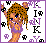 Pixel art of a cartoon character with brown hair and blue eyes in purple clothing, surrounded by black and purple symbols on white background.